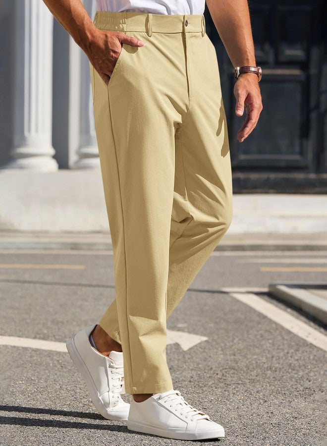 Runcati Mens Stretch Golf Pants Casual Slim Fit Dress Pants Elastic Waist Tapered Work Cropped Trousers Apricot - Image 2